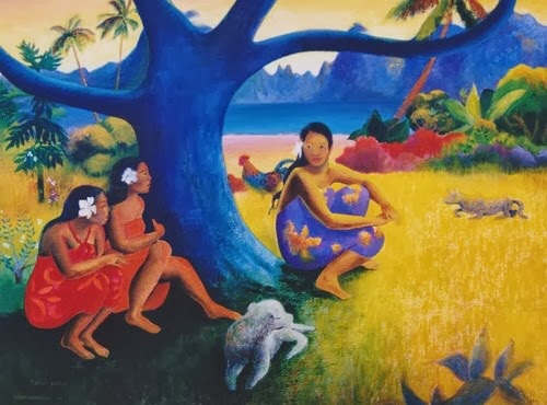 This painting shows a scene from Polynesia, and three girls, one possibly being Moana.